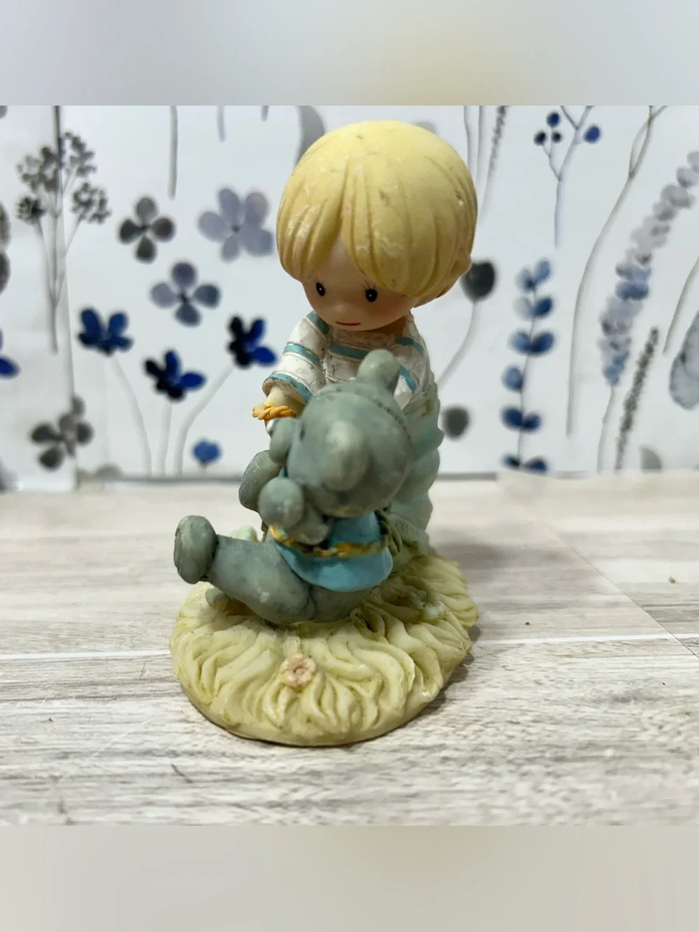 Boy With Teddy Bear Figurine 3” Pastel Nursery Childhood Decor